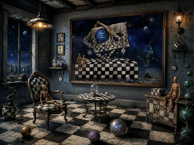 Surrealer Raum mit Schachbrettboden, Künstlerfiguren und einem fantastischen Gemälde voller Planeten, schwebender Formen und geheimnisvoller Traumwelten. Dunkle Blautöne und warme Lampen schaffen eine mystische Atmosphäre