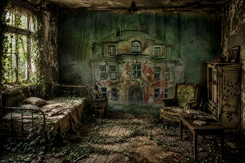 Verlassenes Zimmer im Lost-Place-Stil mit einem surrealen Hausbild von teddynash. Verwitterte Möbel, überwucherte Wände, altes Holz und sanftes Tageslicht schaffen eine geheimnisvolle Atmosphäre zwischen Erinnerung, Natur und Vergänglichkeit.
