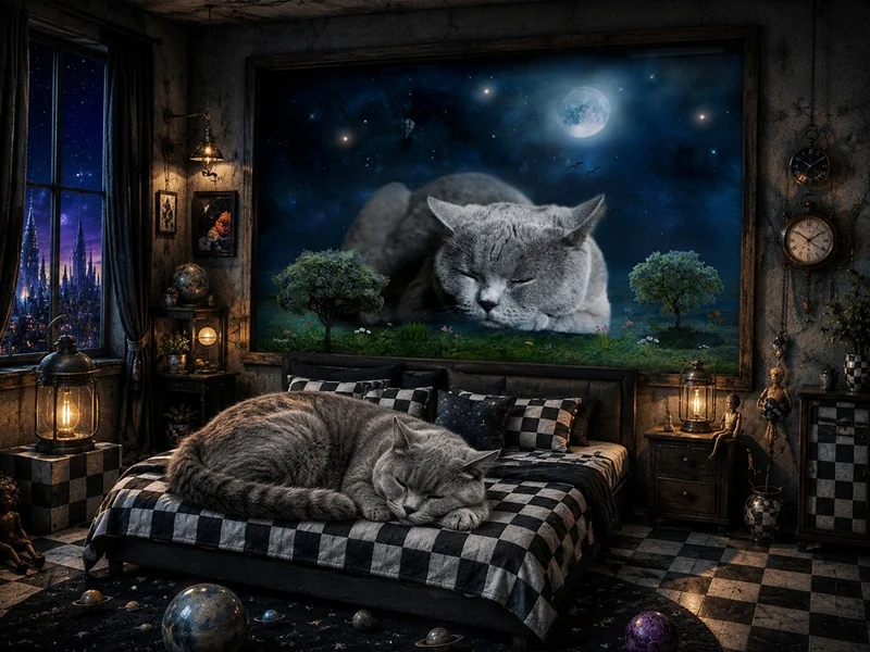 Ein Traumzimmer für Katzenfreunde. Während eine Katze friedlich auf dem Bett schläft, wacht ihr übergroßes Ebenbild im Mondlicht über die nächtliche Fantasiewelt an der Wand. Sanftes Licht, Sterne und geheimnisvolle Details verleihen dem Raum eine warme und märchenhafte Stimmung.