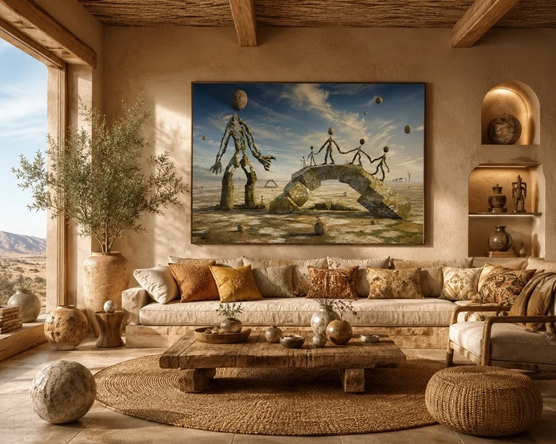 Kunst im Raum: Abstraktes Kunstbild in warmen Sand- und Erdtönen als Blickfang in einem stilvollen Wohnraum mit natürlicher Atmosphäre.