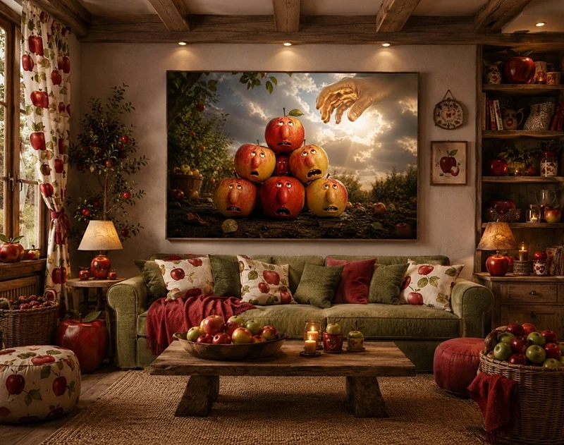 Kunst im Raum: Gemütliches Wohnzimmer im Landhausstil mit warmem Licht, vielen Äpfeln als Dekoration und einem humorvollen Kunstbild von teddynash. Das Apfelmotiv setzt sich in Kissen, Vorhängen und Wohnaccessoires fort und schafft eine harmonische, herbstliche Atmosphäre.