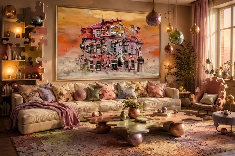 Kunst im Raum: Fantasievolles Wohnzimmer mit Puzzlemöbeln, schwebenden Kugeln und einem surrealen Hausbild von teddynash. Die Formen des Kunstwerks setzen sich in Regalen, Teppich und Einrichtung fort und schaffen eine verspielte, märchenhafte Atmosphäre.