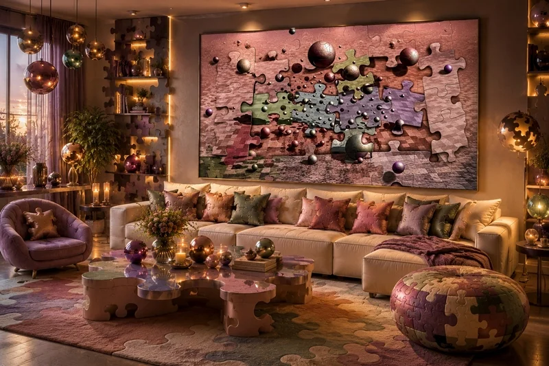 Fantasievolles Wohnzimmer mit Puzzlemöbeln, schwebenden Kugeln und einem surrealen Puzzle-Kunstbild von teddynash. Die Formen des Kunstwerks setzen sich in Teppich, Couchtisch und Wohnaccessoires fort und schaffen eine harmonische Traumwelt voller Kreativität und verspielter Details.