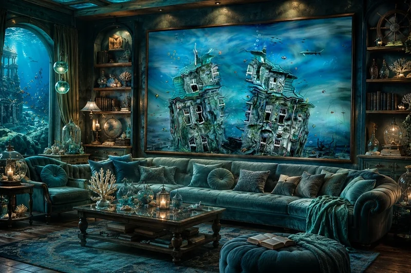 Kunst im Raum: Atmosphärisches Atlantis-Wohnzimmer mit einem surrealen Unterwasser-Kunstbild von teddynash. Türkisfarbene Möbel, maritime Dekorationen, Korallen und große Fenster mit Blick auf eine versunkene Unterwasserwelt schaffen eine geheimnisvolle und traumhafte Stimmung.