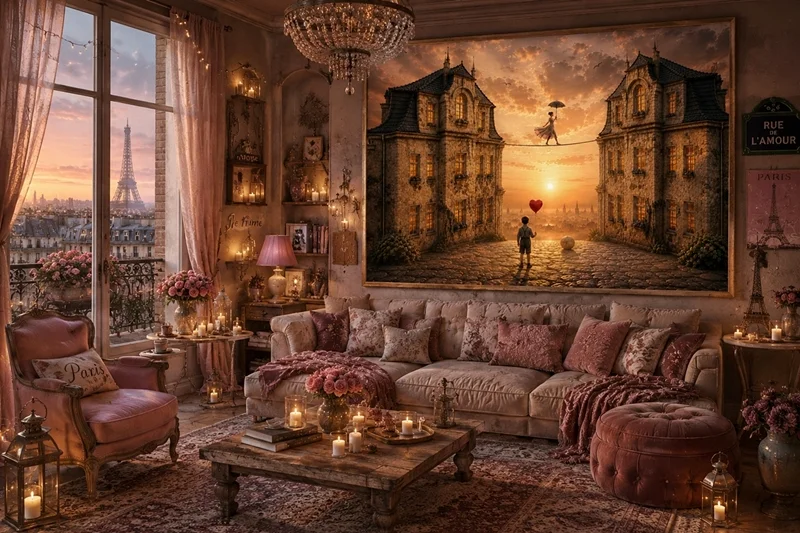 Kunst im Raum: Romantisches Paris-Zimmer mit einem poetischen Kunstbild von teddynash. Warme Abendstimmung, Kerzenlicht, Rosen, elegante Möbel und der Blick auf den Eiffelturm schaffen eine verträumte Atmosphäre voller Liebe, Sehnsucht und französischem Charme.