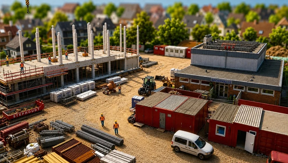 Ein gemaltes Miniaturbild der Baustelle der Petrus-Canisius Grundschule in Weeze aus erhöhter Perspektive