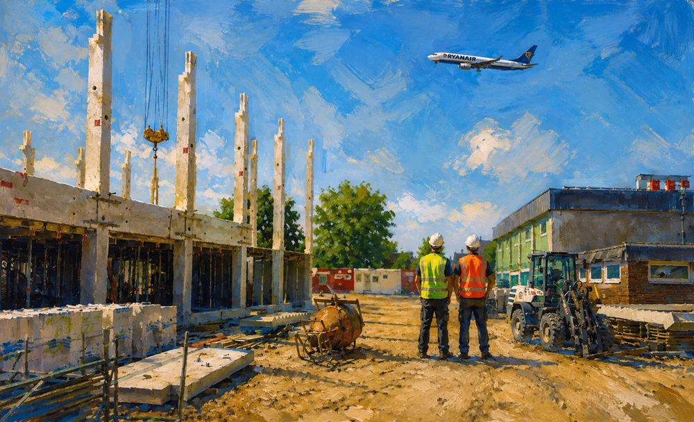 Ein gemaltes Kunstbild zeigt die Baustelle der neuen Sporthalle in Weeze mit zwei Bauarbeitern und einem Ryanair-Flugzeug am Himmel