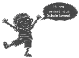 Fröhliches Kreide-Kind mit der Sprechblase: Hurra unsere Schule kommt!