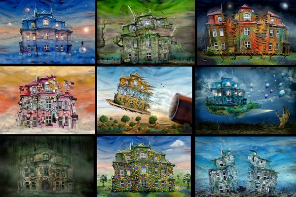 Collage verschiedener teddynash-Kunstbilder, die aus dem Hausfoto von Liberec entstanden sind.