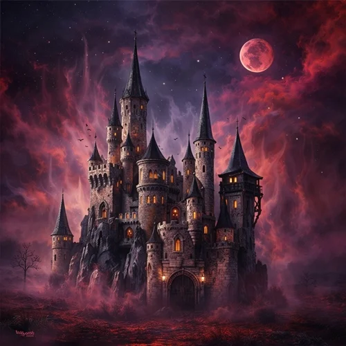 Fantastisches Spukschloss auf einem Felsen unter einem roten Vollmond und dramatischen Wolken.