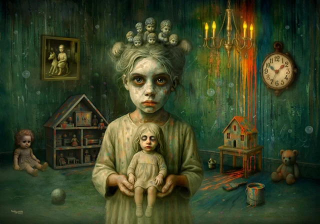 Mädchen mit Puppe in einem surrealen Kinderzimmer mit Spielzeug, Uhr und Kerzenleuchter.