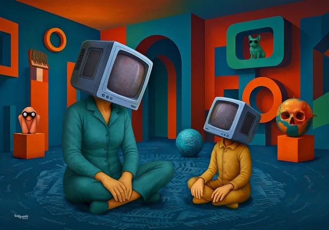 Surrealistische Szene mit zwei Personen mit Fernsehgeräten als Köpfe in einem farbenfrohen Raum.