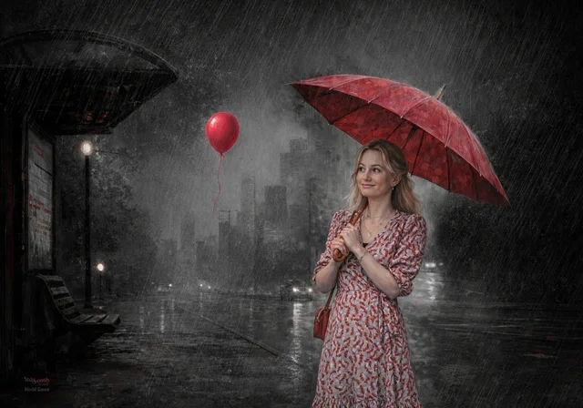 Ein Glücksmoment im Regen – Frau mit rotem Regenschirm und rotem Luftballon in einer dunklen Stadtszene