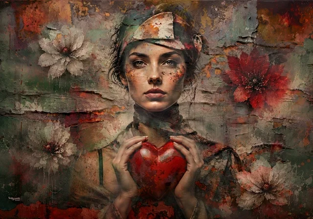 Eine junge Frau hält ein rotes Herz vor sich, eingebettet in eine verträumte abstrakte Blumenlandschaft.