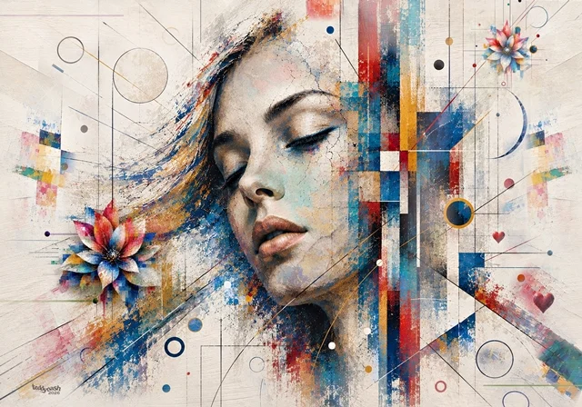 Farbenfrohe digitale Kunst mit dem Portrait einer jungen Frau und abstrakten geometrischen Formen in Blau-, Rot- und Goldtönen.