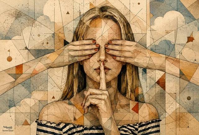 Junge Frau mit geschlossenen Augen, die von zwei Händen bedeckt werden, während sie einen Finger vor die Lippen hält. Geometrische Linien, Wolkenformen und warme Beige- und Orangetöne erzeugen eine surreale, geheimnisvolle Atmosphäre.