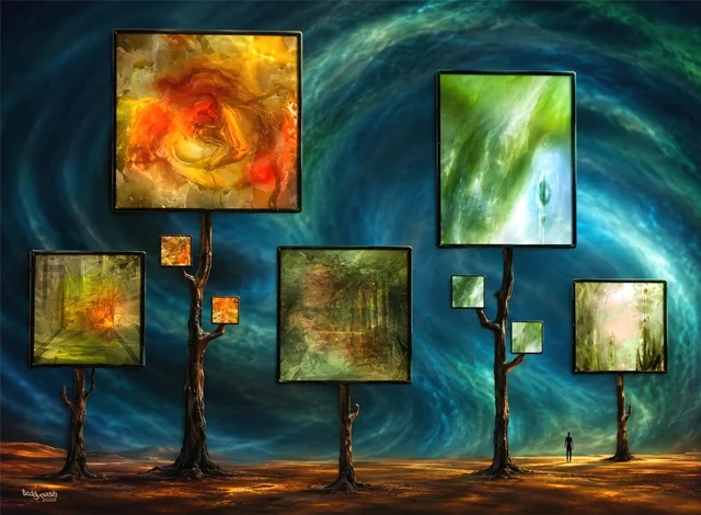 Eine surreale Freiluftgalerie präsentiert abstrakte Kunstwerke auf baumähnlichen Trägern. Farbenfrohe Bildwelten treffen auf einen dramatischen Himmel und schaffen eine poetische Szene zwischen Ausstellung, Natur und Traum.