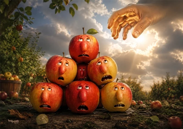 Wie eine kleine Familie hocken sechs Äpfel mit ausdrucksstarken Gesichtern im Obstgarten zusammen. Über ihnen erscheint eine riesige Hand im Licht der Abendsonne. Das Kunstwerk „Schütze Benjamin“ von teddynash erzählt mit einem Augenzwinkern von Schutz, Sorge und Zusammenhalt.